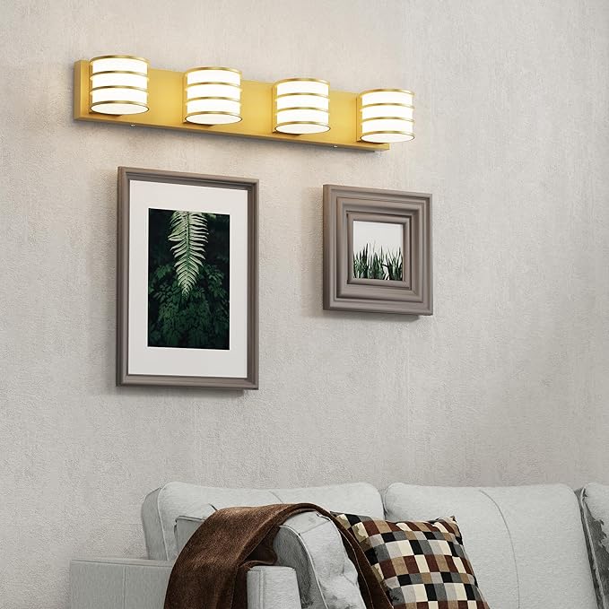 LED Bathroom Vanity Light - 28.4 Inch Gold 4-Light Fixture with White Acrylic Shades, 6000K Cool White, Mirror Lighting for Bathroom, Bedroom, Hallway, Living Room Wall Sconce