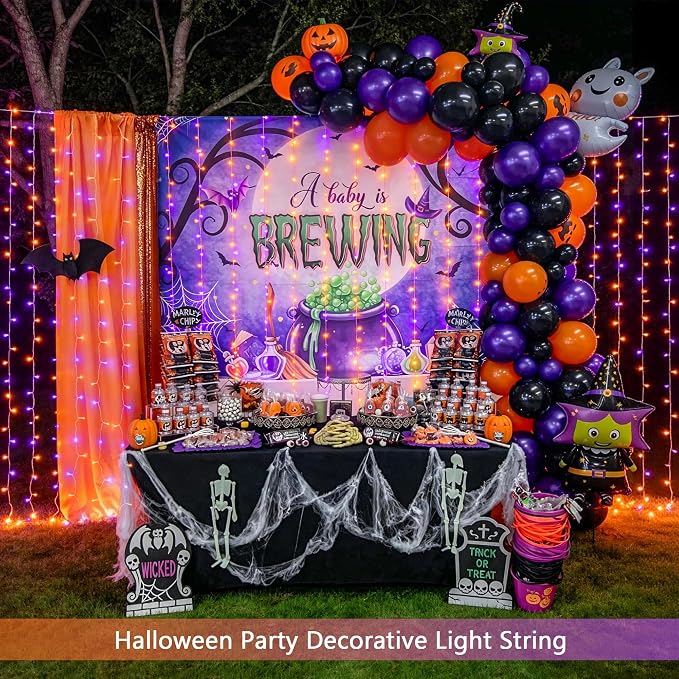 JMEXSUSS 200 LED Orange and Purple Halloween Lights, 8 Modes Curtain Halloween Lights with Remote, USB Curtain String Lights Plug in for Party Bedroom Window Halloween Decorations