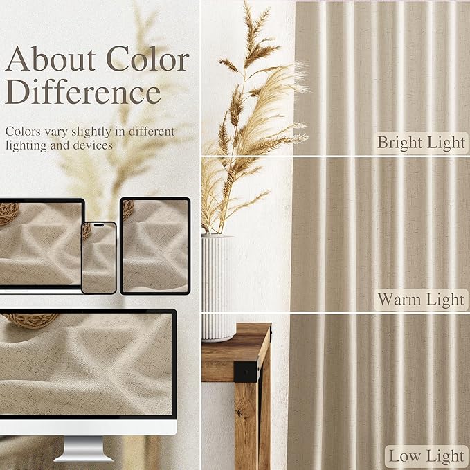 Taupe Burlywood Linen Curtains 132 Inch Length for Living Room Light Filtering Semi Sheer Curtain Back Tab Modern Farmhouse Decor Drapes Floor to Ceiling High Window for Bedroom 52x132, 2 Panels