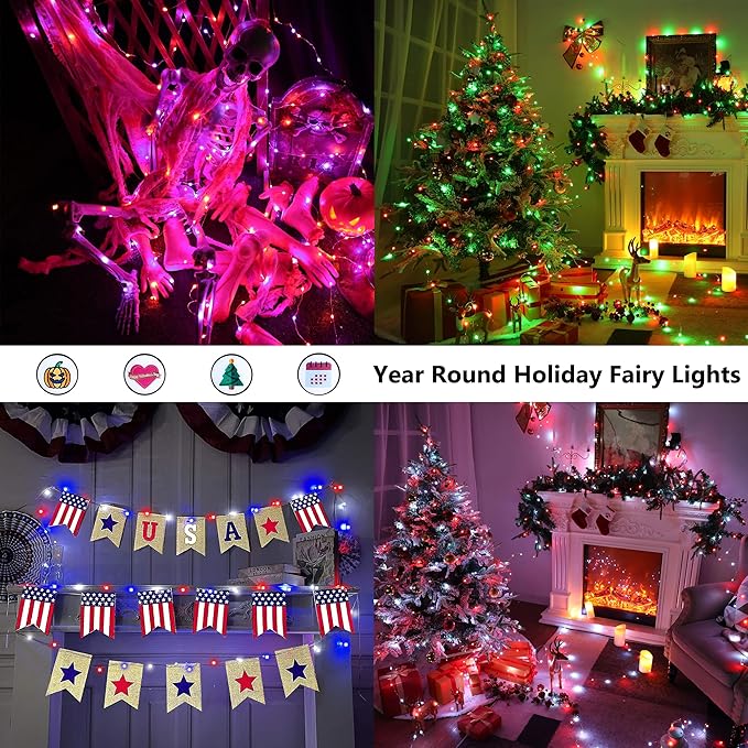 BrizLabs Fairy String Lights, 33ft 100 LED Red White Blue Fairy Lights with Remote Timer, USB July 4th Starry Light Music Sync RGB Color Changing Twinkle Light for Xmas Halloween Easter Party Wedding
