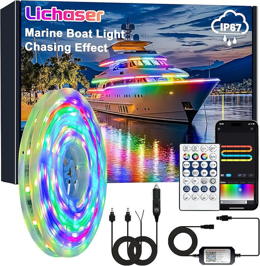 Lichaser Boat LED Strip Light RGB+IC, Marine LED Light Strip for Pontoon with Remote, Segment App Control Boat Light Waterproof 12V, Cool Stuff for Jon Boat, Bass Boat, Camper, RV (16.5ft)