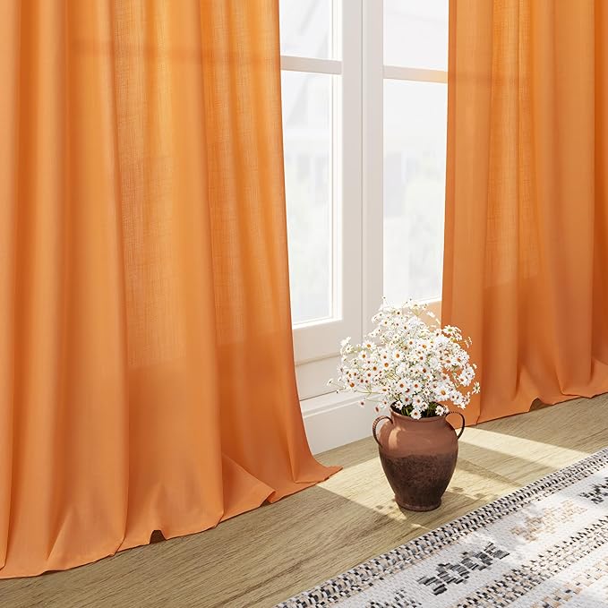 Orange Linen Semi Sheer Curtains 108 Inches Long 2 Panels Set Back Tab Loop Pocket Linen Blend Boho Large Window Curtain Extra Long Light Filtering Drapes High Ceiling Curtains for Living Room 52x108