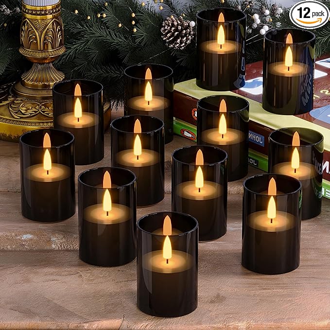 VIODAIM 12Pack Flickering Flameless LED Candles with Timer, Battery Powered - Small Pillar & Votive, Black (2"X3")