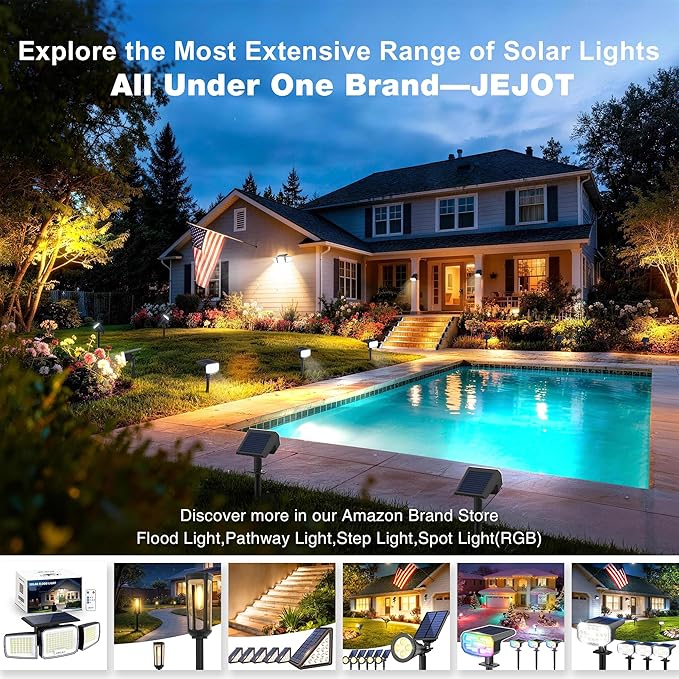 JEJOT Solar Security Light Outdoor Super Bright LED, Motion Sensor Flood Light, 3 Heads 270° Wide Angle,Remote Control, IP65 Waterproof, 3 Modes (1 Pack)