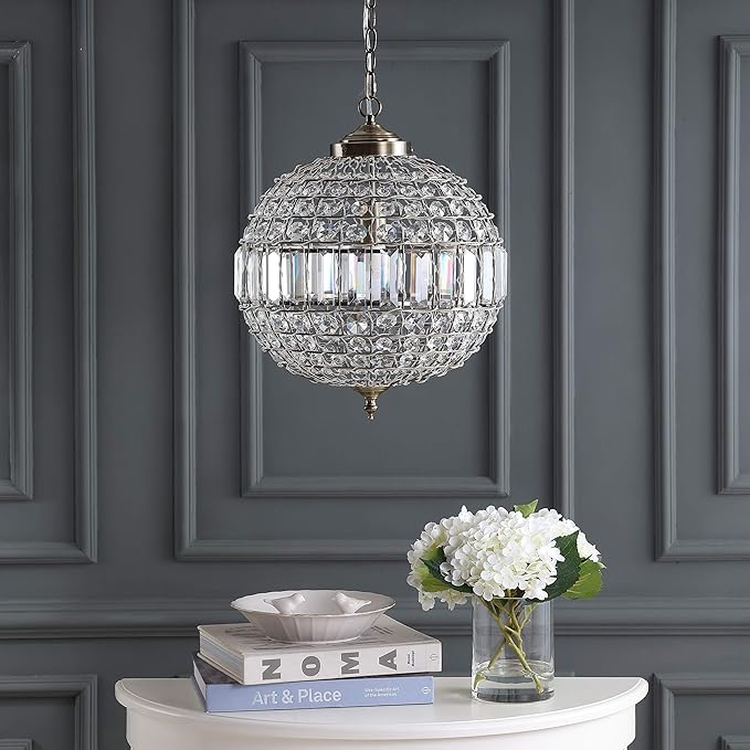 JONATHAN Y 16" Antique Brass/Clear Modern Crystal LED Pendant Light for Kitchen, Clear Crystal Shade, Glam Globe Chandelier Hanging Ceiling Lamp for Dining Room Entryway (JYL6110B)