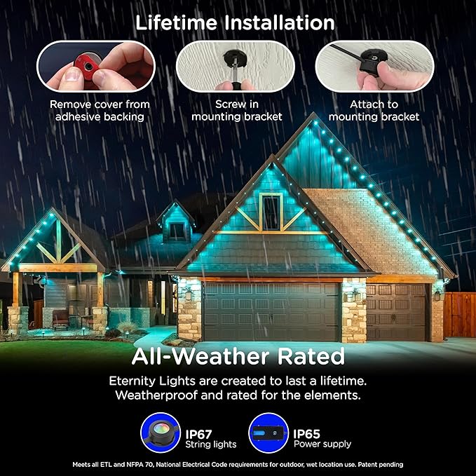 Enbrighten Eternity Permanent Outdoor Lights, 100ft with 72 RGBWIC LED Lights, App‑Controlled, Cuttable, Christmas, Accent & Year‑Round Eave Lighting, Works with Alexa & Google Home, 82730