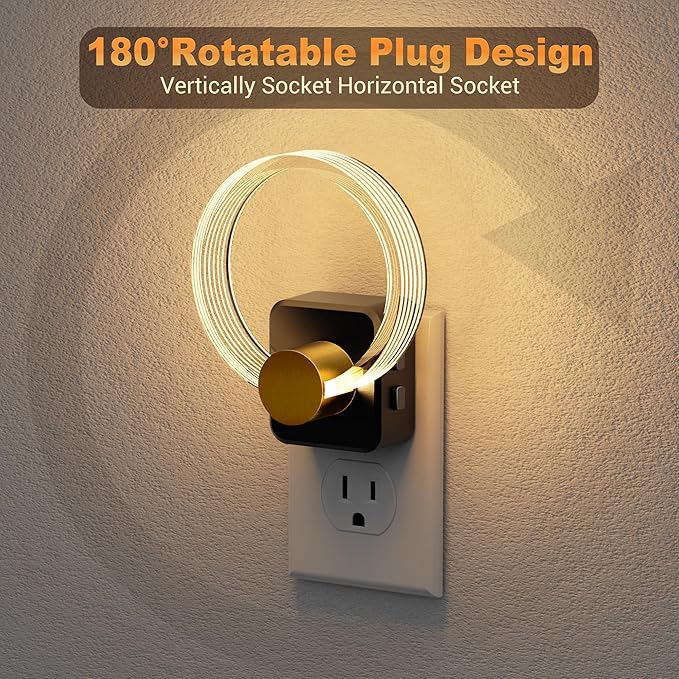JandCase Night Light, 2 Pack Color Changing Night Lights Plug into Wall, RGB Nightlight with Light Sensor, 180° Rotatable Plug in Nightlights, Dimmable Ring Acrylic Night Light for Kids Gifts Hallway