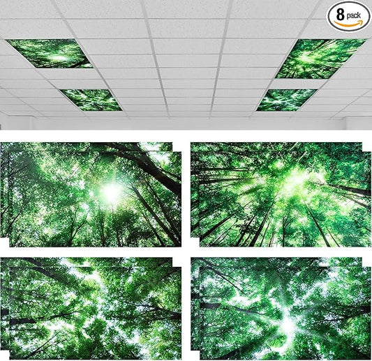 ROCEEI 8 Pack Fluorescent Light Covers, 4 x 2 Feet Magnetic Forest Covers Bulk for Ceiling Classroom Light, Reduce Glare, Easy Install, Filters for School, Home, Office, Hospitals Cubicle Decor