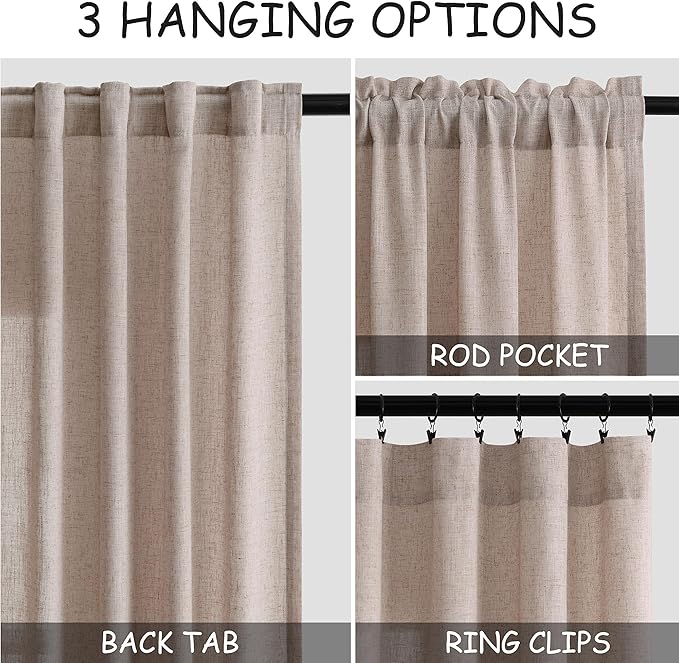 Oatmeal Linen Curtains 96 Inches Long for Living Room 2 Panels Back Tab Pocket Semi Sheer Privacy Light Filtering Modern Farmhouse Curtains Flax Linen Bedroom Curtain Drapes for Bedroom 40x96 Inch