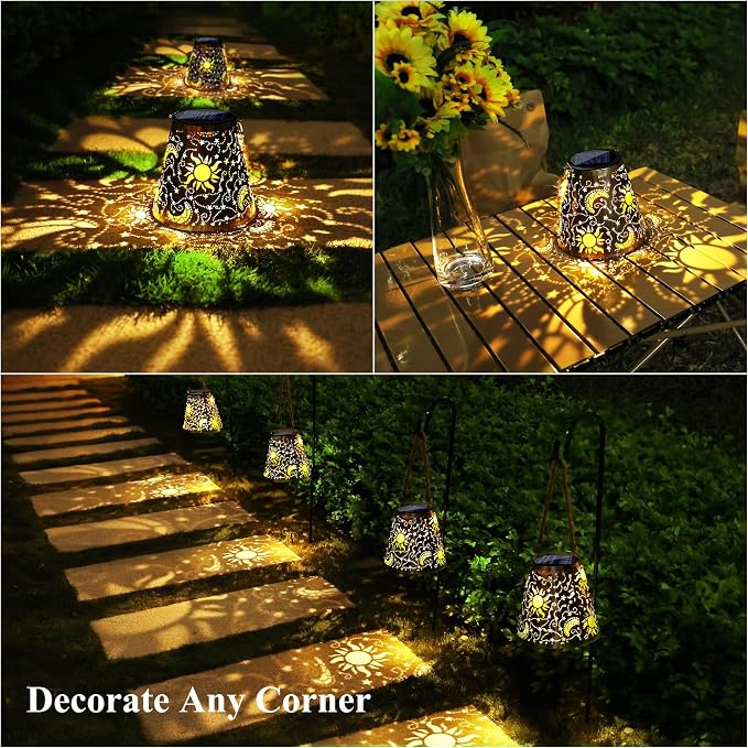 Toodour Solar Lantern Outdoor, Hanging Solar Outdoor Lights Garden Decor, Waterproof Hollow Out Retro Metal Sun & Moon Decorative Lights for Patio, Balcony, Yard, Walkway, Outdoor Decor