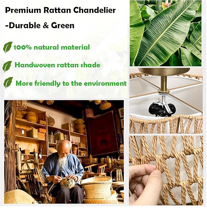 13.4"Rattan Flush Mount Ceiling Light Fixtures,Boho Rattan Chandelier with Drum Fabric Shade,3-Light Wicker Light Fixtures for Bedroom,Nursery Light Fixtures,Mini Chandelier Lighting for Dining Room
