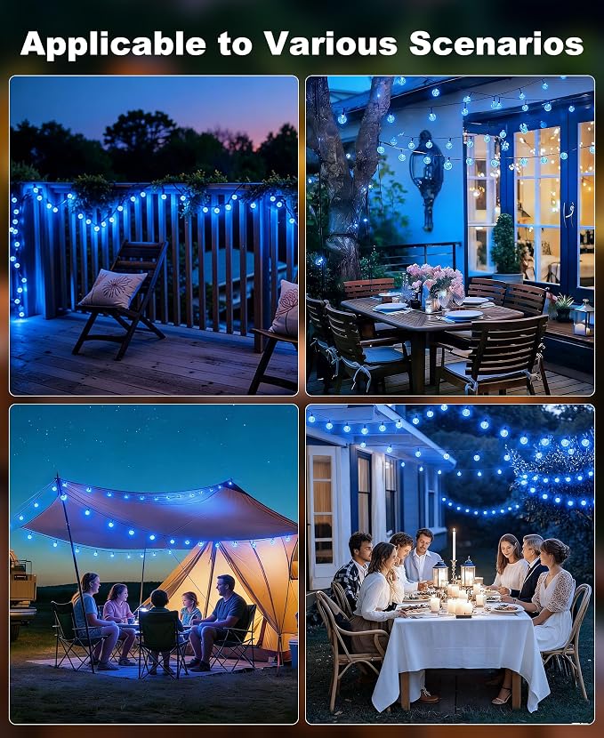 btfarm 2 Pack Solar String Lights Outdoor Waterproof, Total 98 FT 100 LED Solar Powered Patio Light, 8 Lighting Modes Crystal Globe Decoration for Garden Balcony Porch Yard Party, Blue