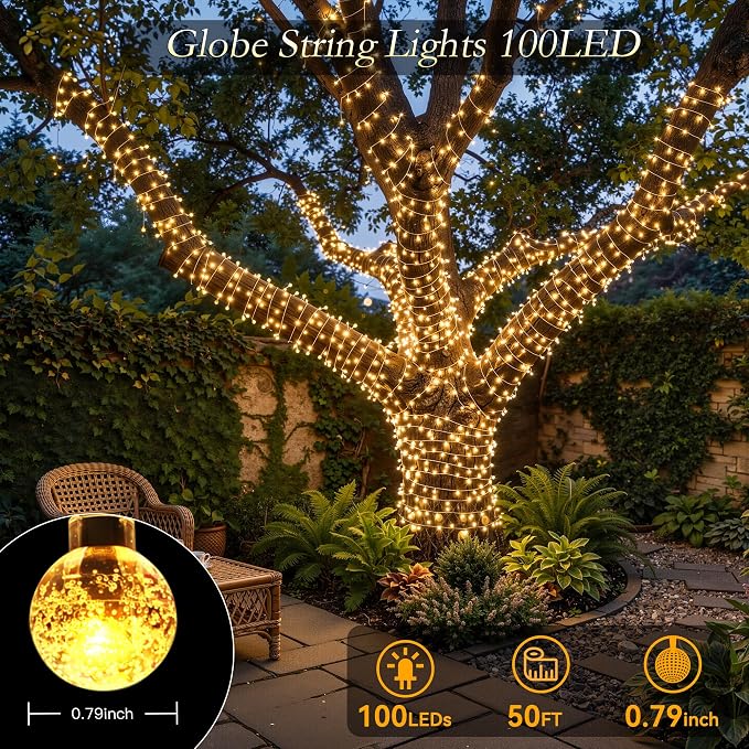 Globe String Lights, 50FT 100 LED USB Fairy Lights, 11 Modes 2-in-1 Warm White & Multicolor Changing, IP44 Waterproof Indoor Outdoor Crystal Ball Lights for Bedroom Garden Party Decor
