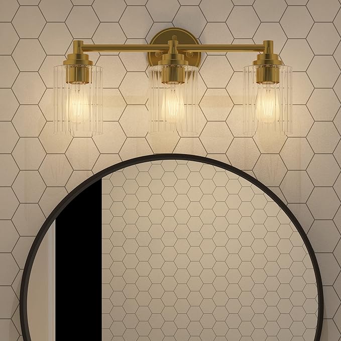 GETINLIGHT Inlight 20" Wide 3-Light Gold Bathroom Vanity Light with Clear Ribbed Glass Shade, Bulb Not Included, IN-0444-3-GD
