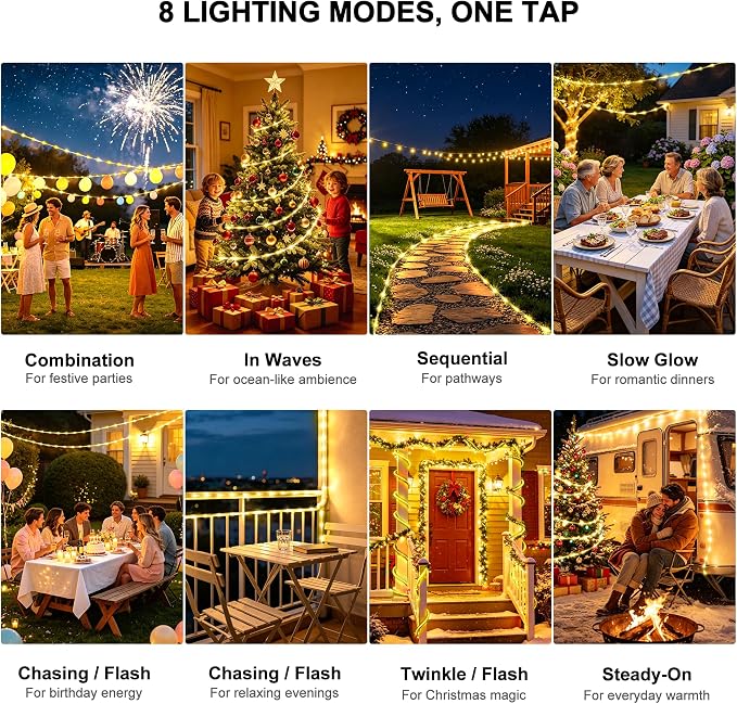 Solar Rope Lights Outdoor Waterproof, 33FT 100 LED Solar String Lights with 8 Lighting Modes,Trampoline Lights, Solar Patio Light for Garden Fence Backyard Deck Porch Pool Tree Christmas Decor