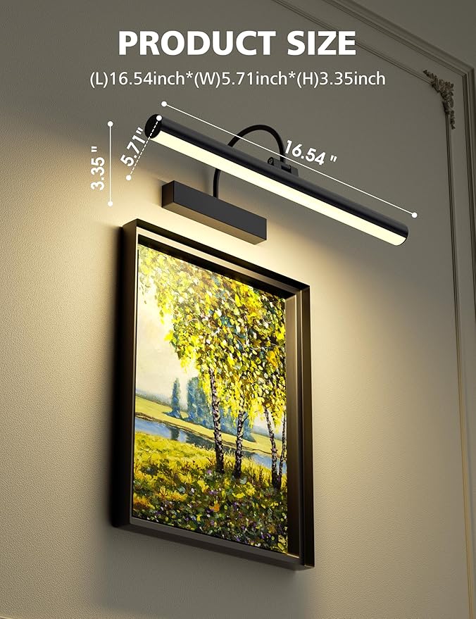 VOLISUN Picture Lights for Wall, 16 inch Rechargable Picture Light Battery Operated, 3 Color Temperatures Cordless Picture Light with Remote, Art Light for Paintings, Gallery, Portrait, 2 Pack (Black)