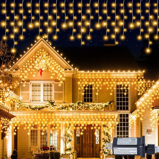 300L LED Icicle Lights, Warm White Window Curtain Lights,8 Modes with 30V Plug in for Wedding, Party, Bedroom, Home, Garden, Outdoor, Indoor Wall,Christmas Decorations,Connectable(Warm White)