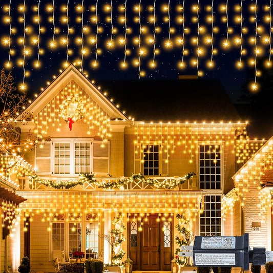 300L LED Icicle Lights, Warm White Window Curtain Lights,8 Modes with 30V Plug in for Wedding, Party, Bedroom, Home, Garden, Outdoor, Indoor Wall,Christmas Decorations,Connectable(Warm White)