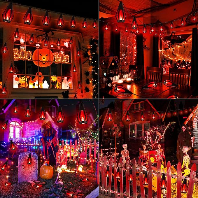 iBaycon Solar Halloween Lights, 42Ft 15 LED Bulbs Flickering Flame String Light, Outdoor Waterproof Solar Flame Lights for Garden Yard Patio Halloween Decorations (Red)