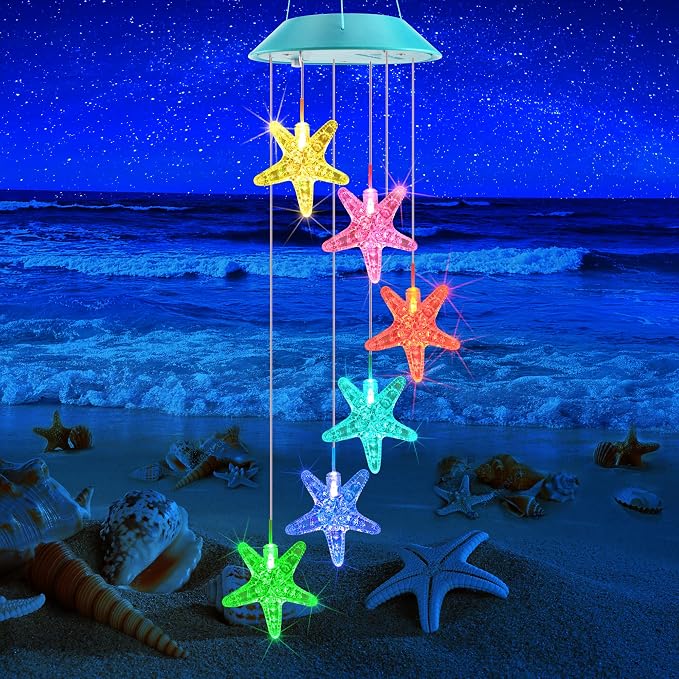 Solar Starfish Gift for Mom Grandma Girls, Colorful Solar Wind Chimes for Outside, Outdoor Decorative Mobile Lights for Garden, Yard, Patio, Window, Party, Outdoor Decorations