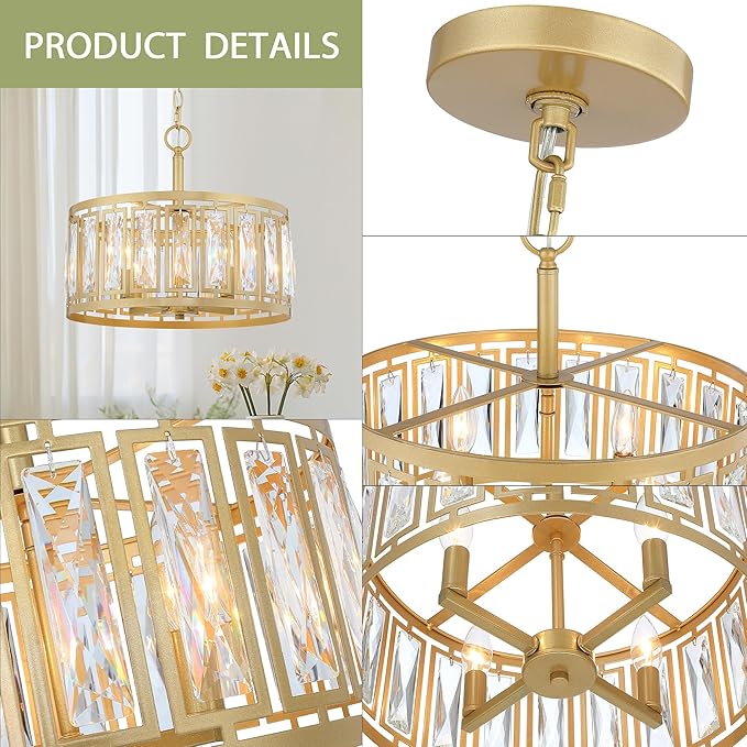 Gold Crystal Chandelier, 4-Light Semi Flush Mount Chandelier Crystal Entry Way Light Fixture Gold Dining Room Light Fixtures Adjustable Height Hanging Pendant Light for Bedroom Living Room