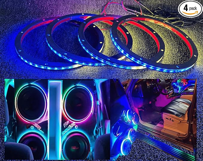 4PCS 6.5" RGB Dream Color Chasing Symphony LEDs Addressable Speaker Rings Lights with Wireless RF Remote Bluetooth App Control Coaxial Speaker Lights Slingshot