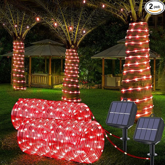 Jnaurb Solar Rope Lights, 2 Packs Total 132ft 400LED Solar String Lights, 8 Modes Waterproof Solar Outdoor Light, Flexible Clear Trampoline Light for Garden Backyard Patio Deck Pool Tree Decor - Red