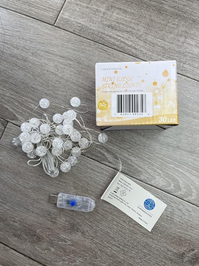 Globe String Lights,10FT 30 LED Decorative Christmas Lights,8 Modes Crystal Crackle Ball Lights,USB Twinkle Fairy Lights for Bedroom,Indoor,Outdoor,Classroom,Wedding,Party,Garden,Warm White