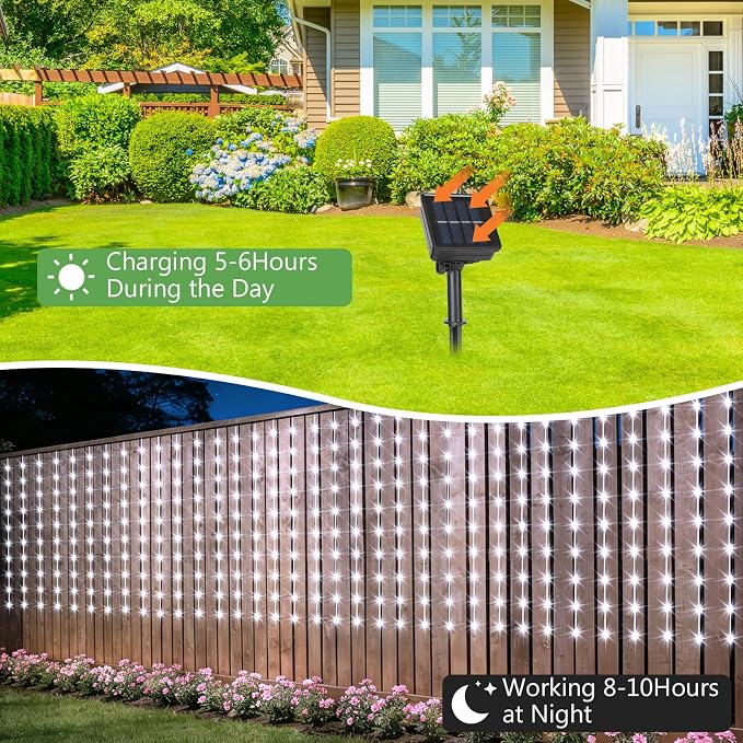 DBFAIRY Solar Curtain Lights 200 LED Outdoor Curtain Lights Waterproof | 13 x 3.9ft Solar Twinkle Curtain Lights with Remote Timer Dimmable for Garden Party Wedding Decór, Cool White