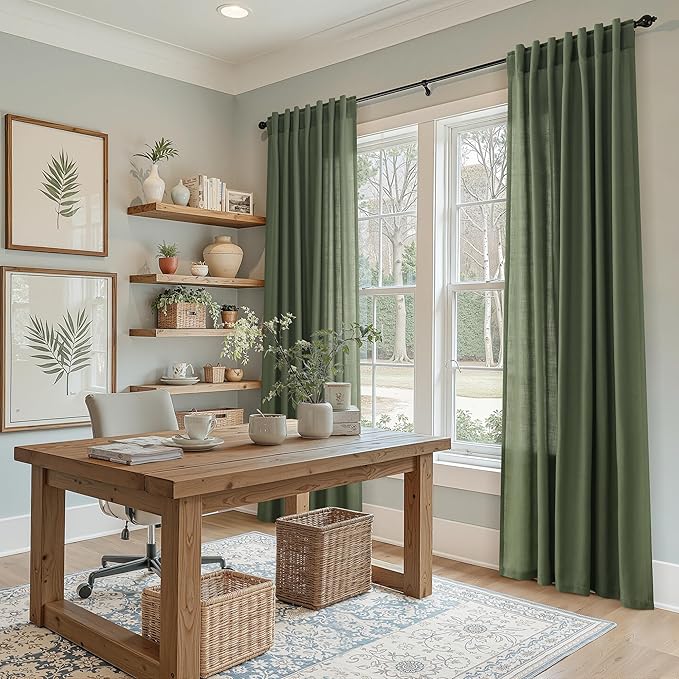 Nanspring Forest Green Linen Curtains 108 Inches Long for Living Room Light Filtering Semi Sheer Curtain Back Tab Wabi Sabi Boho Decor Floor to Ceiling High Window for Bedroom Office 52x108, 2 Panels