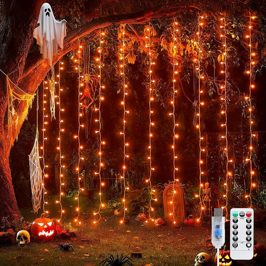 JMEXSUSS Orange Curtain Lights for Halloween, 200 LED Halloween Curtain String Lights USB Plug in, 8 Modes Orange Hanging Window Lights for Bedroom Party Indoor Outdoor Decorations