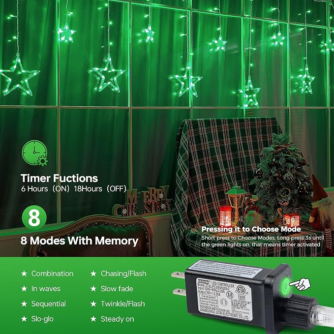 St Patricks Day Lights, 126 LED 8.2 FT Green Star Icicle Lights with 8 Modes Waterproof, Plug in Clear Wire Timer Curtain Lights for St Patrick Decorations Indoor Window Outdoor Party Decor