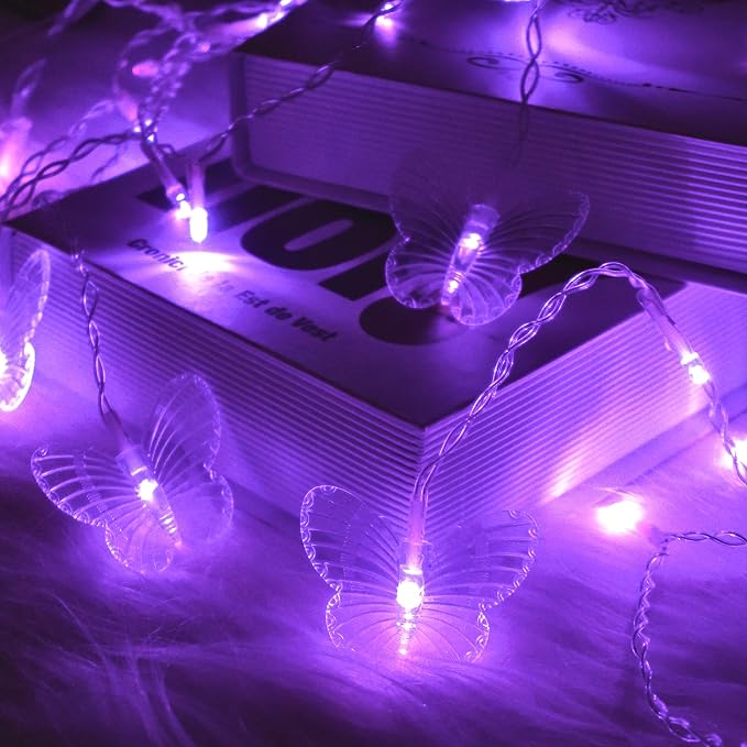 Butterfly Curtain Fairy Lights USB Plug in,8 Modes 120 LED 19.7FT Firefly Twinkle Timer String Lights with Remote, Waterproof Copper Wire for Bedroom Patio Christmas Wedding Party Dorm (Purple)
