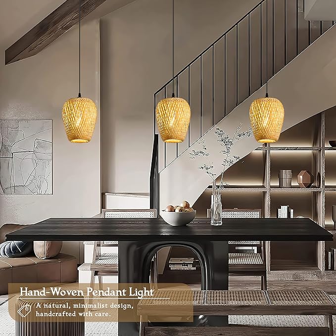 Wicker Pendant Lights Bamboo Pendants Light Boho Chandelier Rattan Pendant Wicker Light Fixture Woven Pendants Lights for Kitchen Island Living Room Dining Room (Bulb Incl.)