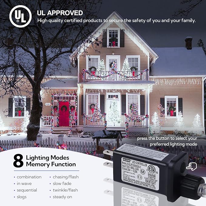 Hopolon 33FT 360 LED White Christmas Icicle Lights,Waterproof Plug in | Outdoor icicle curtain lights with 60 drops, 8 modes, for Christmas, wedding, party, bedroom, garden, wall decor