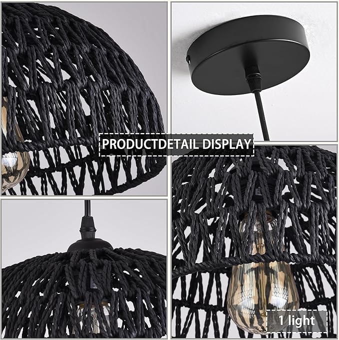 Black Woven Pendant Light Boho Chandelier Light Fixture Wicker Pendant Light Rattan Light Pendant Woven Light Fixture Dome Pendant Light for Dining Room Bedroom Kitchen Island (Bulb Incl)
