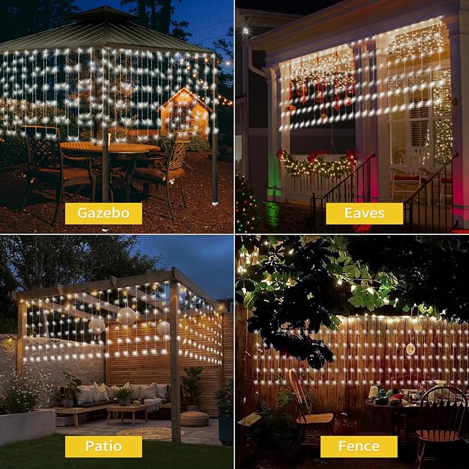 32.8 * 3.28FT Large Size Solar Curtain Icicle Lights Outdoor, 8 Modes Outdoor String Icicle Curtain Lights, Solar Christmas Garden Light for Patio, Gazebo, Eaves, Fence, Tree, Porch (White)