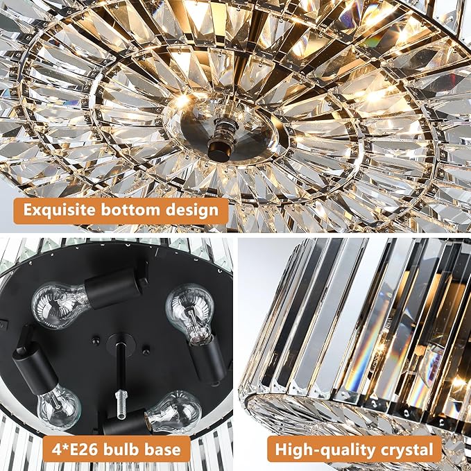 Large Crystal Ceiling Light, 17.5" Black K9 Crystal Flush Mount Ceiling Light, 4-Light Round Luxury Light Fixture for Dining Room, Bedroom, Hotel, Living Room, XDD007-4-BK