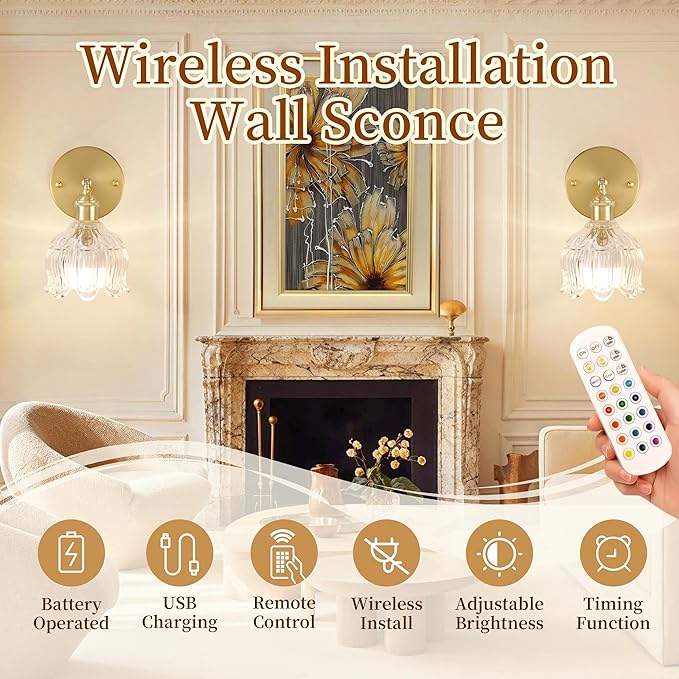 Wireless Wall Sconce with Flower lampshade, Battery Operated Wall Lights,Wall lamp with 15 Colors for Bedroom Living Room Home Decor (Clear, 2 Light Battery Operated)