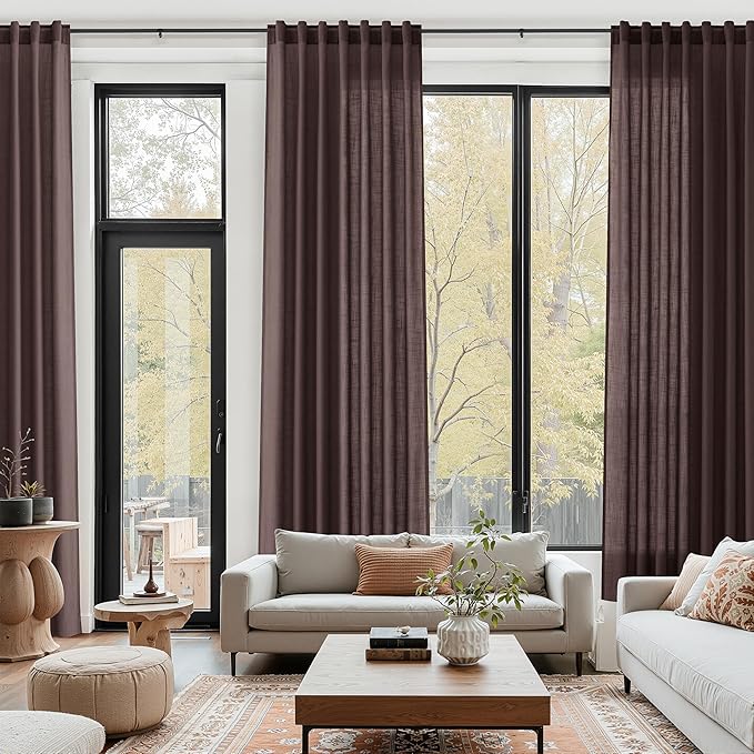 Coffee Brown Linen 112 Inch Curtains for Living Room Light Filtering Semi Sheer Curtain Back Tab Modern Rustic Home Decor Neutral Drapes Floor to Ceiling High Window for Bedroom 52x112, 2 Panels