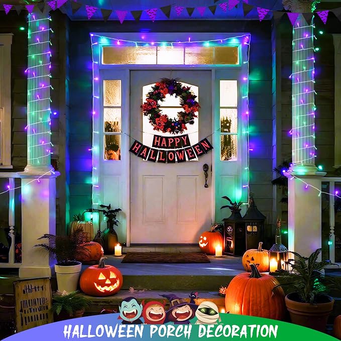 JMEXSUSS 2 Pack Purple and Green Halloween Lights, Total 200 LED 8 Modes Halloween String Lights Plug in, Each 33ft Connectable Christmas Lights Indoor Outdoor for Tree Porch Fireplace Decor