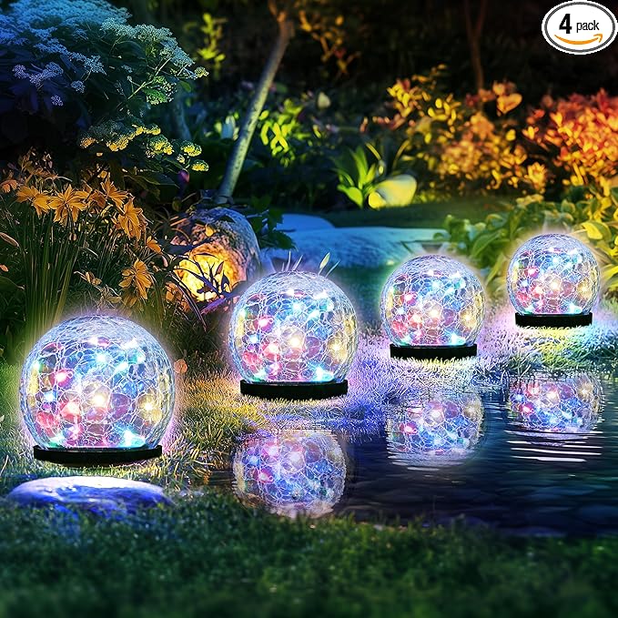 Solar Lights Outdoor for Yard Patio Porch, Garden Decor Birthday Gifts for Mom Women, Solar Globe Lights Waterproof Cracked Glass Ball Outdoor Decorations Balcony Backyard (4 Pack Multicolor)