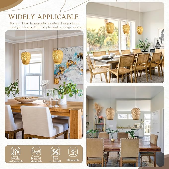 Wicker Pendant Lights Bamboo Pendants Light Boho Chandelier Rattan Pendant Wicker Light Fixture Woven Pendants Lights for Kitchen Island Living Room Dining Room (Bulb Incl.)