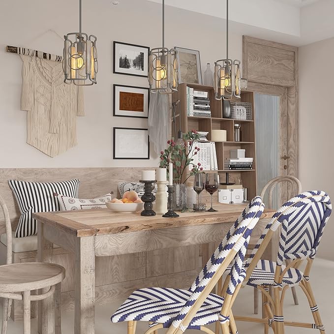 Inlight 8" Modern Farmhouse 1-Light Pendant for Kitchen Island, Open Cage Design, Rustic Distressed Wood and Brushed Silver Gray Finish, IN-0336-1-WD