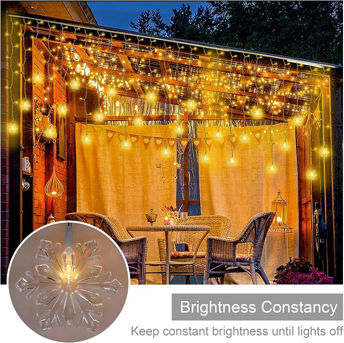 weillsnow Christmas Decorations, 360 LED Icicle Lights with Snowflake, 29.5 FT 72 Drops Icicle Light with 8 Modes，Connectable Warm White String Lights for Outdoor Eaves, Railing, Xmas Decor