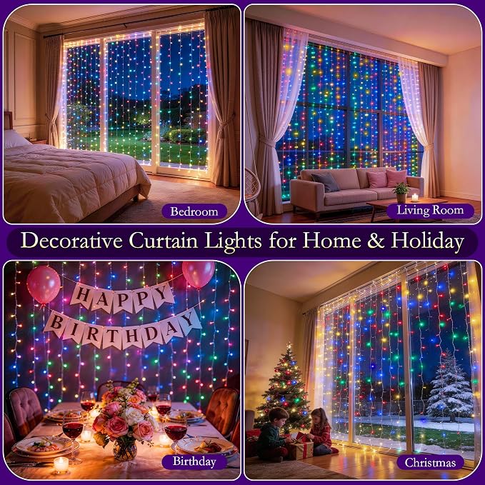 Curtain String Lights Indoor, 300LED 9.8 * 9.8FT USB Plug-in Window Curtain Lights with Timer and 8 Modes, Waterproof Multicolor Curtain Fairy Lights for Bedroom Room Wedding Outdoor Decor