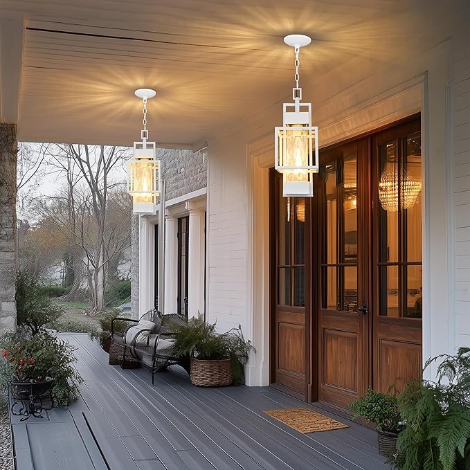 PARTPHONER 15" Outdoor Indoor Pendant Light Exterior Hanging Lantern, Modern Metal Outside Chandelier Light Fixture Ceiling Mount with Water Glass for Front Porch Entrance Foyer Entryway, White
