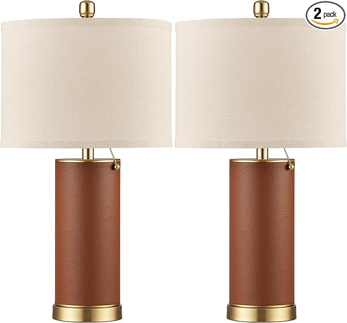 KDG 23.4" Brown PU Leather Table Lamps for Living Room Set of 2, E26 Socket LED Modern Home Decor Fabric Lampshade Desk Lamp Lighitng for Bedroom, Bedside, Farmhouse, Nightstand, Night Light