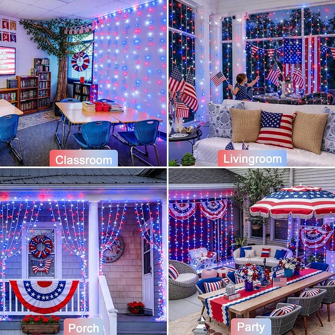 JMEXSUSS 300LED Red White and Blue Lights with Remote, 4th of July Lights Plug in, Patriots Curtain Hanging String Lights for Bedroom Wall Window Backdrop Indoor Outdoor 4th of July Decor, 9.8x9.8ft