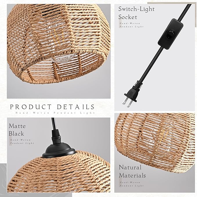 Plug in Mini Hemp Rope Woven Pendant Light Woven Light Fixture Boho Chandelier Wicker Pendant Lights Rattan Plug in Cord Hanging Lights Dome Wicker Chandelier for Bedroom (Bulb Incl.)